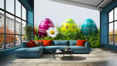 Colorful Easter eggs in the grass. Easter background. Wall mural