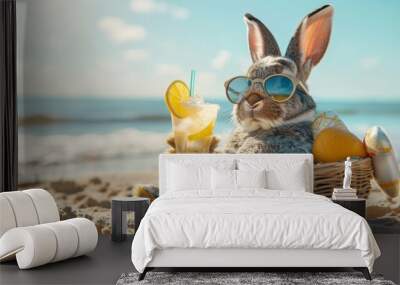 Cool Easter bunny on vacation on the beach with a cocktail. Wall mural