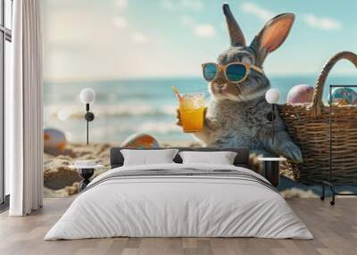 Cool Easter bunny on vacation on the beach with a cocktail. Wall mural