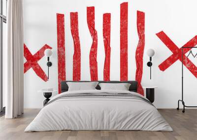 cool set of thin red paper stickers or strips with teared edges, crumpled paper stripees on white background. Wall mural