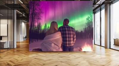 Couple Watching Northern Lights by a Campfire in a Snowy Forest Wall mural