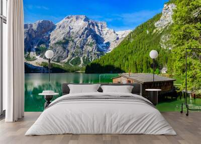 lake braies (also known as pragser wildsee or lago di braies) in dolomites mountains, sudtirol, ital Wall mural