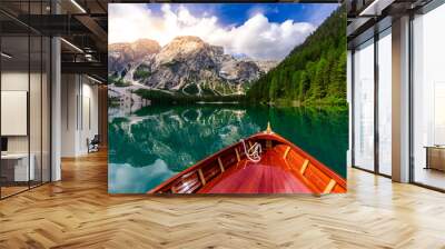 Lake Braies (also known as Pragser Wildsee or Lago di Braies) in Dolomites Mountains, Sudtirol, Italy. Romantic place with typical wooden boats on the alpine lake.  Hiking travel and adventure. Wall mural