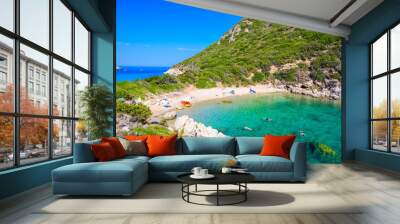 Porto Timoni beach at Afionas - -paradise and white double beach with crystal clear azure water in Corfu, Twin bay, Ionian island, Greece - Europe Wall mural