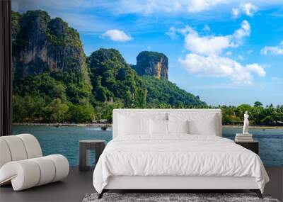 Railay West Beach with beautiful rock formation and landscape scenery in Krabi province - tropical coast with paradise beaches - Thailand Wall mural