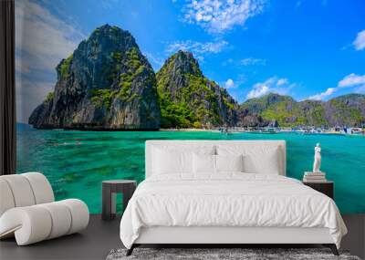 Tropical Shimizu Island and paradise beach, El Nido, Palawan, Philippines. Tour A Route. Coral reef and sharp limestone cliffs. Wall mural