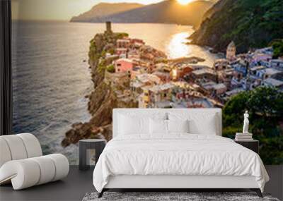 Vernazza - Village of Cinque Terre National Park at Coast of Italy. Beautiful colors at sunset. Province of La Spezia, Liguria, in the north of Italy - Travel destination and attraction in Europe. Wall mural