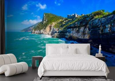 View from Grotta di Lord Byron to beautiful coast scenery - travel destination of Porto Venere, Province of La Spezia - Italy Wall mural