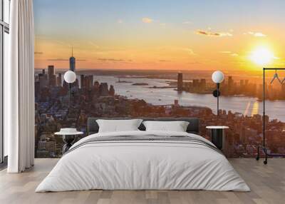 View from observation deck on Empire State Building at sunset - Lower Manhatten Downtown, New York City, USA Wall mural