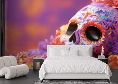 Dia de los muertos festival celebration. Colorful, vibrant image of a calavera with orange and purple flowers. Traditional sugar skull with decoration background. Mexico tradition and culture. Wall mural