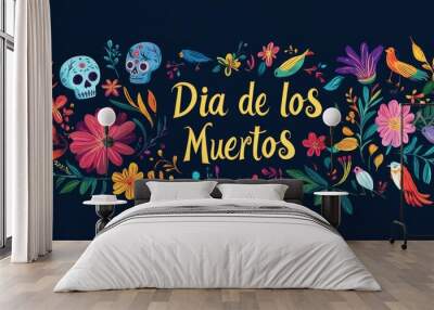 Dia de los muertos festival wallpaper pattern with sugar skull (calavera) and colorful flowers on dark, black, background. Cultural, traditional, floral wallpaper concept. Wall mural