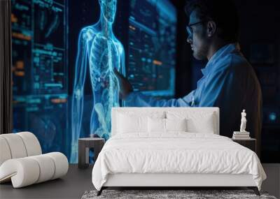 Doctor standing in front of a hologram of the human body. Concept of modern technology in healthcare and science. Wall mural