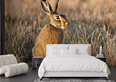 A view of a Brown Hare in the grass Wall mural