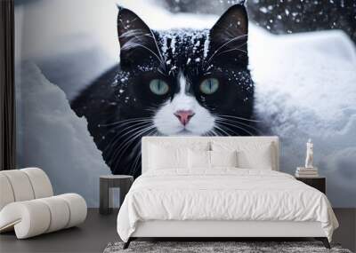 black and white cat in the snow Wall mural