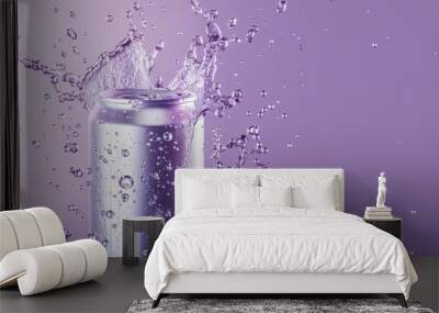 Empty aluminium soda can with a water splash effect. This mockup may be used as beverage / drink product promotion. Purple background. Wall mural