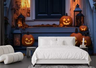 Entrance area of a decorated house at Halloween. Scary Jack O Lantern. Carved, glowing pumpkins at Halloween. Trick or treat concept. Wall mural