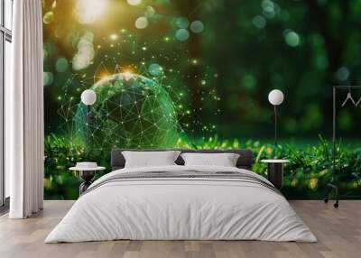 Environment concept. A green globe with connected dots. Wall mural