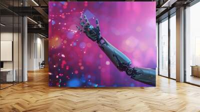 Futuristic AI robot on a pink and purple background with plexus effect. Artificial intelligence cyborg in cinematic lighting. Wall mural