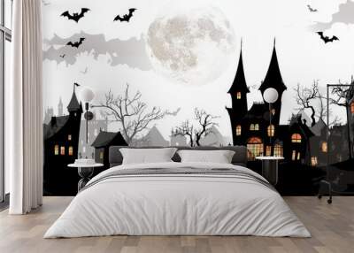 Halloween walllpaper. Haunted Halloween landscape depicting a scary house or castle with a big moon on an orange sky background. Old trees and bats in the sky. Halloween party invitation concept. Wall mural