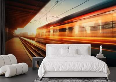 High speed train in motion on the railway station at sunset. Fast moving modern passenger train on railway platform. Railroad with motion blur effect. Wall mural