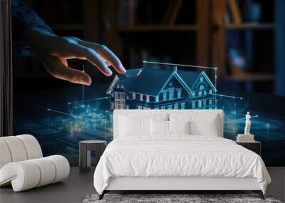 Hologram of a house with a hand. New home, business and real estate concept. Wall mural