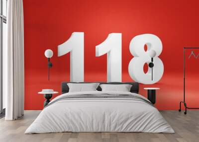 Number 118 in white on red background, isolated number 3d render Wall mural