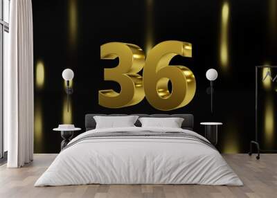 Number 36 in gold on black and gold background, isolated number 3d render Wall mural