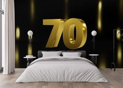 Number 70 in gold on black and gold background, isolated number 3d render Wall mural