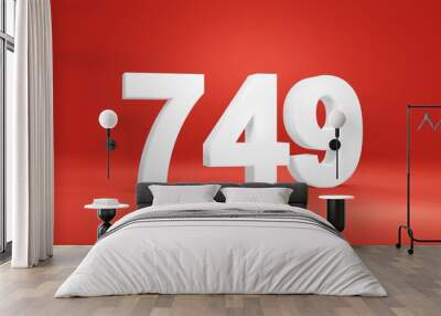 Number 749 in white on red background, isolated number 3d render Wall mural