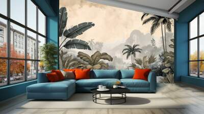 Old retro wallpaper of a lush jungle landscape. Wall mural