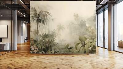 Painting of a jungle landscape. Lush, green rainforest with big trees and leaves. Watercolor pattern wallpaper in vintage retro style. Abstract art concept. Wall mural