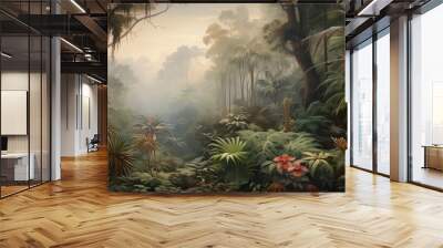 Painting of a jungle landscape. Watercolor pattern wallpaper. Wall mural