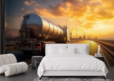 rear view of big metal fuel tanker truck in motion on the highway shipping fuel to oil refinery agai Wall mural