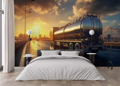 rear view of big metal fuel tanker truck in motion on the highway shipping fuel to oil refinery agai Wall mural