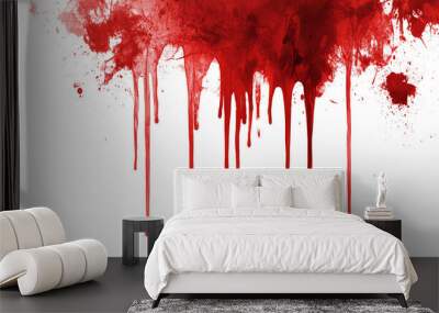 Red blood or paint flowing down on transparent background. Halloween, murder and horror concept. Red ink splash, splatter and stain. Wall mural