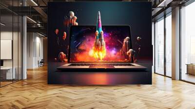 rocket coming out of a laptop screen. modern technology, online marketing and success concept. Wall mural