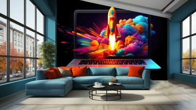 rocket coming out of a laptop screen. modern technology, online marketing and success concept. Wall mural