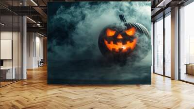 Scary Jack O Lantern with smoke on dark black background. Carved pumpkin with a spooky, glowing face at Halloween. Happy Halloween! Wall mural