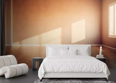 Sunlight falling into an empty room with a brown mock up wall. Wall mural