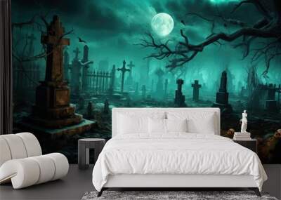 The moon shining on a haunted graveyard. Halloween background concept. Wall mural