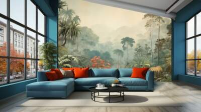 Watercolor pattern wallpaper. Painting of a jungle landscape in retro style. Wall mural