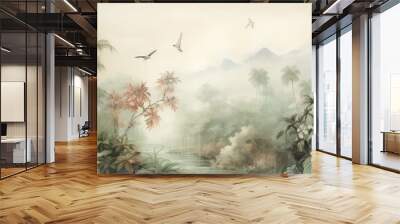 Watercolor pattern wallpaper. Painting of a jungle landscape with birds. Wall mural