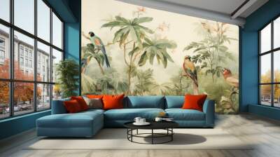 Watercolor pattern wallpaper. Painting of a jungle landscape with birds. Wall mural