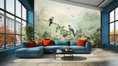 Watercolor pattern wallpaper. Painting of a jungle landscape with birds. Wall mural