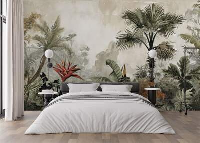 Watercolor pattern wallpaper. Painting of a jungle landscape. Wall mural