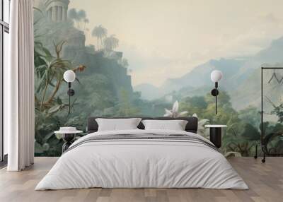 Watercolor pattern wallpaper. Painting of a jungle landscape. Wall mural