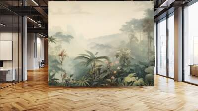 Watercolor pattern wallpaper. Painting of a jungle landscape. Wall mural