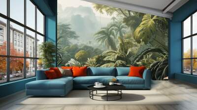 Watercolor pattern wallpaper. Painting of a jungle landscape. Wall mural