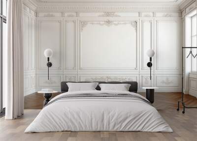 White wall with classic style mouldings and wooden floor, empty room interior Wall mural