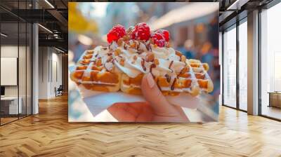 A young person is holding an amazing tasty waffle with whipped cream and raspberries, the city street in the background. Wall mural